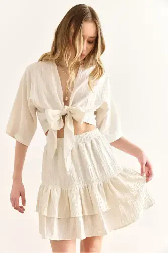 Women's Ecru Top Blouse and Skirt Set TKM-19000390 - 1