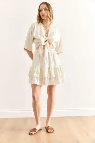 Women's Ecru Top Blouse and Skirt Set TKM-19000390 - 2