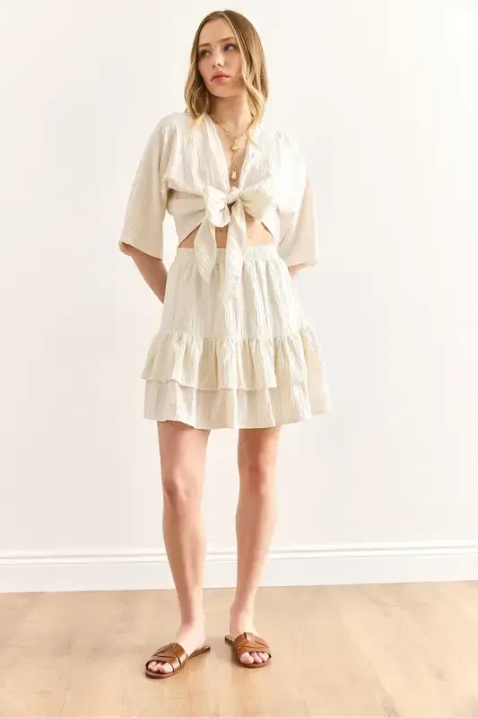 Women's Ecru Top Blouse and Skirt Set TKM-19000390 - 2