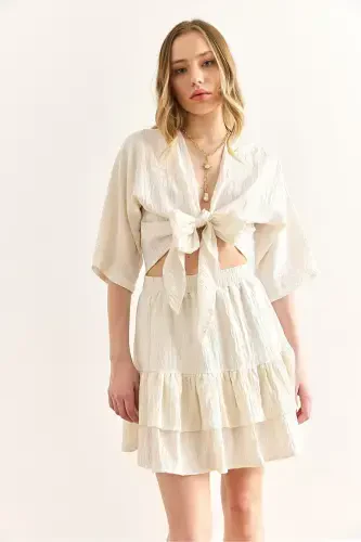 Women's Ecru Top Blouse and Skirt Set TKM-19000390 - 3