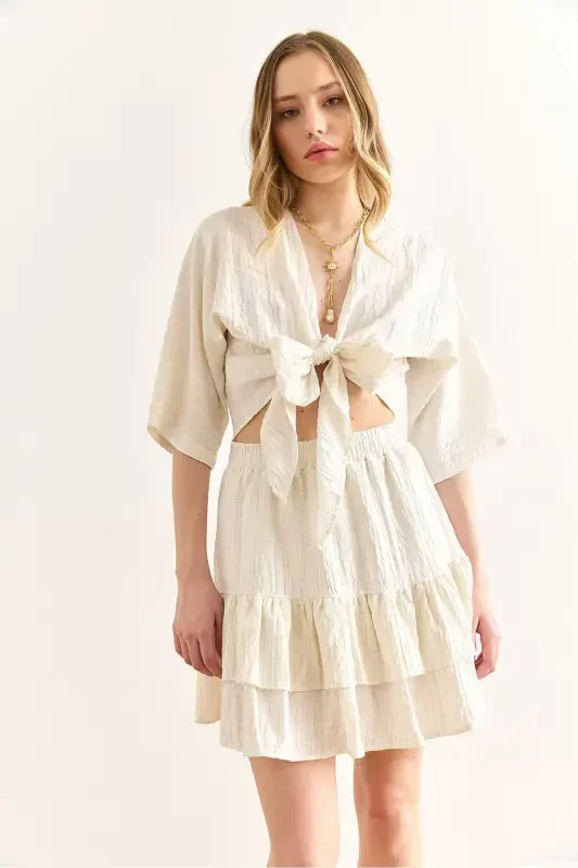 Women's Ecru Top Blouse and Skirt Set TKM-19000390 - 3