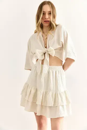 Women's Ecru Top Blouse and Skirt Set TKM-19000390 - 4