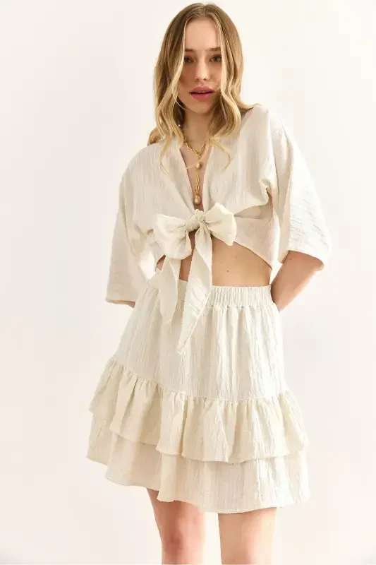 Women's Ecru Top Blouse and Skirt Set TKM-19000390 - 4