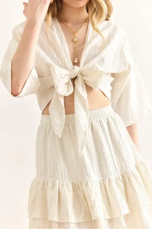 Women's Ecru Top Blouse and Skirt Set TKM-19000390 - 5