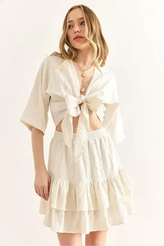 Women's Ecru Top Blouse and Skirt Set TKM-19000390 - 6