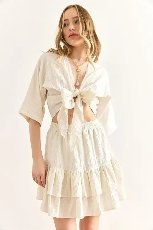 Women's Ecru Top Blouse and Skirt Set TKM-19000390 - 6