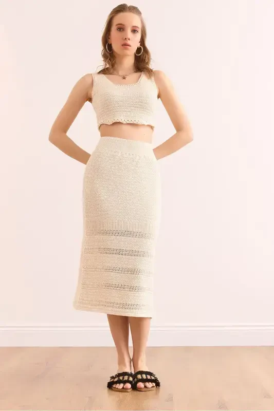 Women's Ecru Top Blouse Bottom Skirt Cotton Set TKM-19000 - OLALOOK