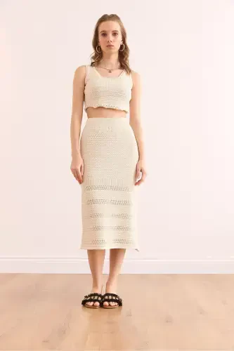 Women's Ecru Top Blouse Bottom Skirt Cotton Set TKM-19000 - OLALOOK (1)