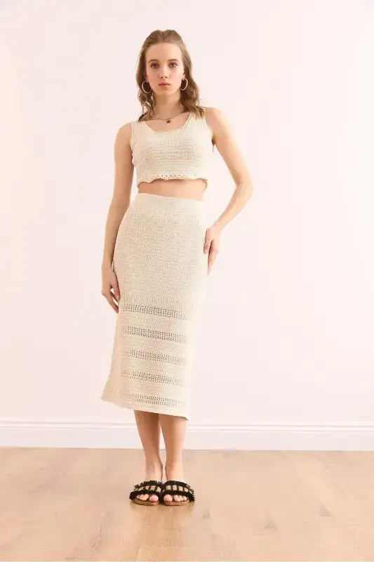 Women's Ecru Top Blouse Bottom Skirt Cotton Set TKM-19000 - 3