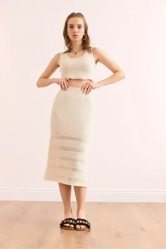 Women's Ecru Top Blouse Bottom Skirt Cotton Set TKM-19000 - 4