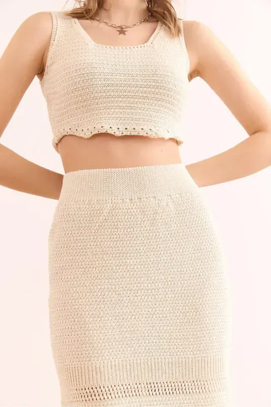 Women's Ecru Top Blouse Bottom Skirt Cotton Set TKM-19000 - 5