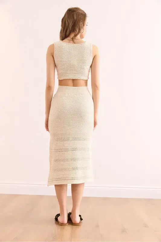 Women's Ecru Top Blouse Bottom Skirt Cotton Set TKM-19000 - 6