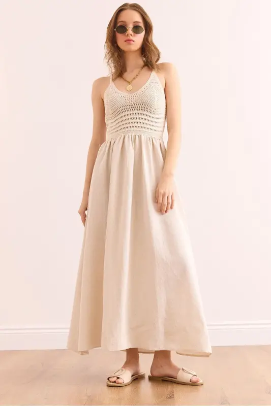 Women's Ecru Top Embroidered Strappy Midi Dress DR-19002 - 1