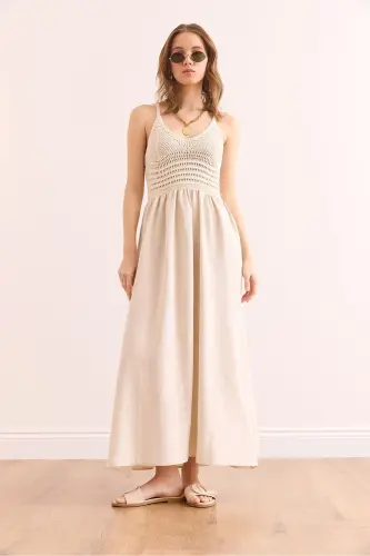 Women's Ecru Top Embroidered Strappy Midi Dress DR-19002 - OLALOOK (1)