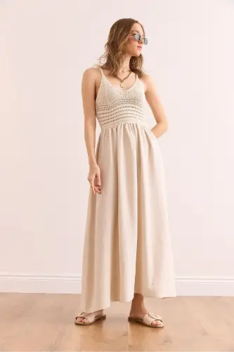 Women's Ecru Top Embroidered Strappy Midi Dress DR-19002 - 3