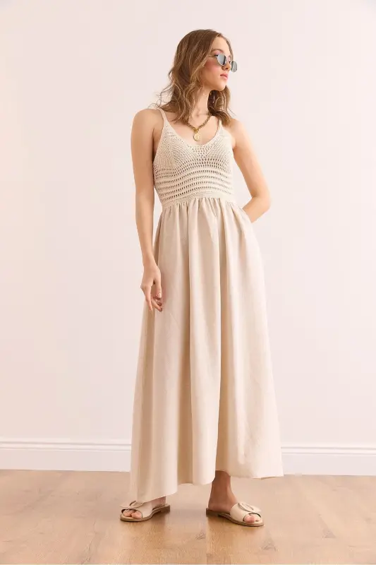 Women's Ecru Top Embroidered Strappy Midi Dress DR-19002 - 3