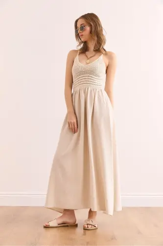 Women's Ecru Top Embroidered Strappy Midi Dress DR-19002 - 4