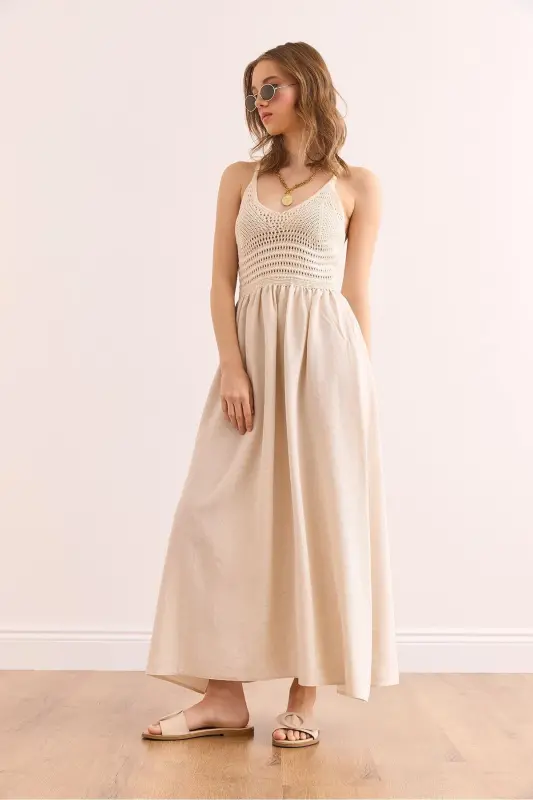 Women's Ecru Top Embroidered Strappy Midi Dress DR-19002 - 4