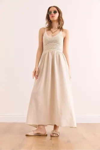 Women's Ecru Top Embroidered Strappy Midi Dress DR-19002 - 5