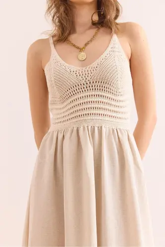 Women's Ecru Top Embroidered Strappy Midi Dress DR-19002 - 6