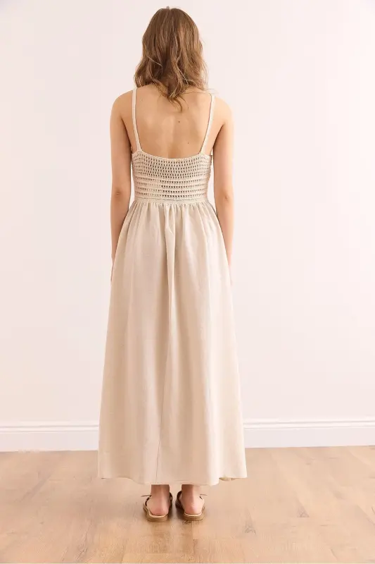 Women's Ecru Top Embroidered Strappy Midi Dress DR-19002 - 7