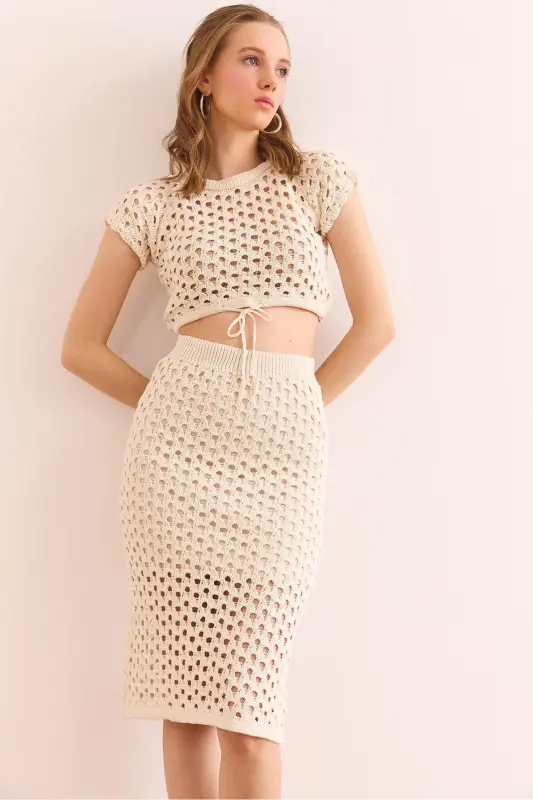 Women's Ecru Top with Straps, Lined Skirt, Openwork - 1