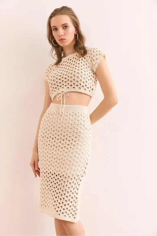 Women's Ecru Top with Straps, Lined Skirt, Openwork - 4