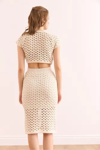 Women's Ecru Top with Straps, Lined Skirt, Openwork - 6