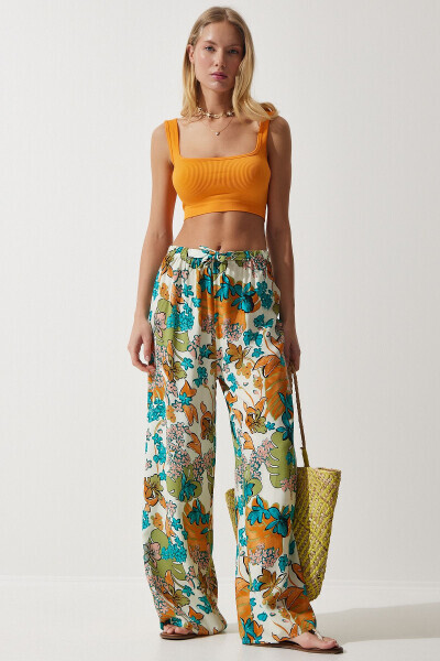 Women's Ecru Turquoise Patterned Draped Viscose Palazzo Pants EN00606 - 4