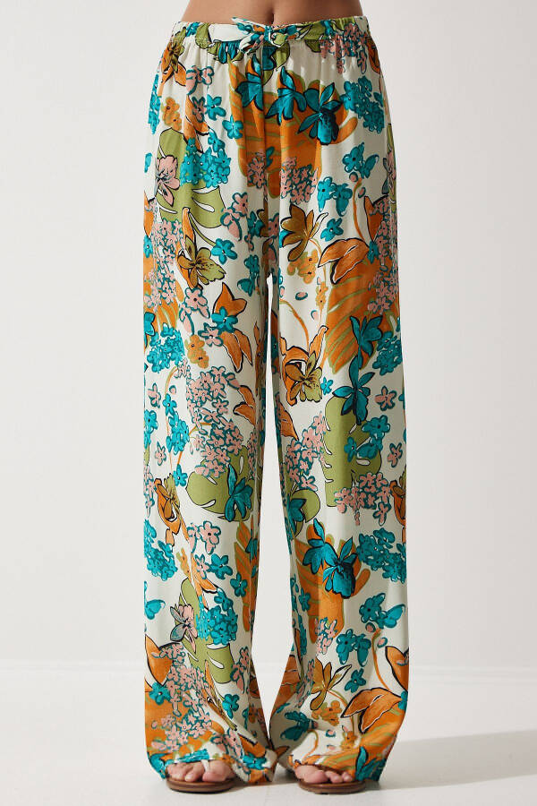 Women's Ecru Turquoise Patterned Draped Viscose Palazzo Pants EN00606 - 5