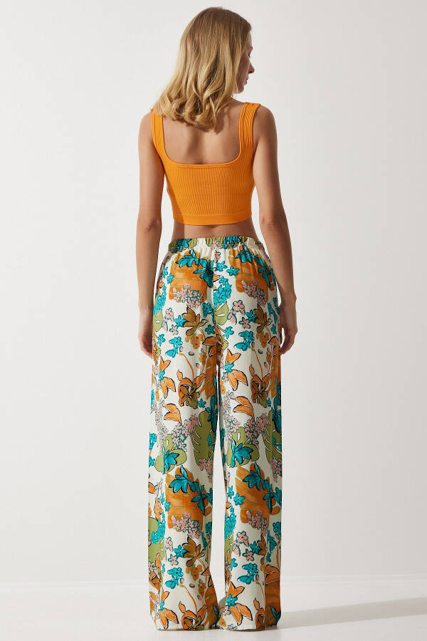 Women's Ecru Turquoise Patterned Draped Viscose Palazzo Pants EN00606 - 7