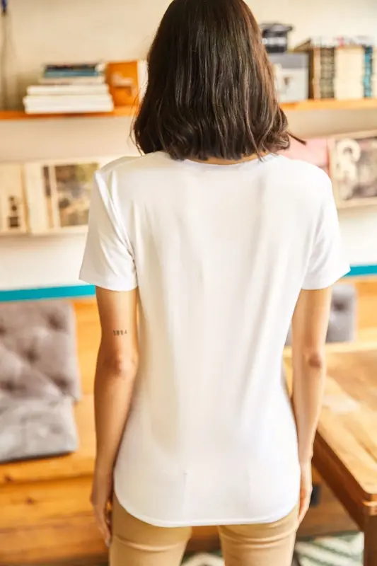 Women's Ecru V-Neck Basic Knitted Viscose T-Shirt TSH-190 - 5