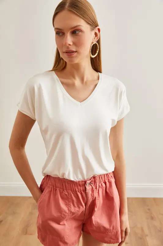 Women's Ecru V Neck Batwing Knitted Viscose T-Shirt TSH-19 - 2