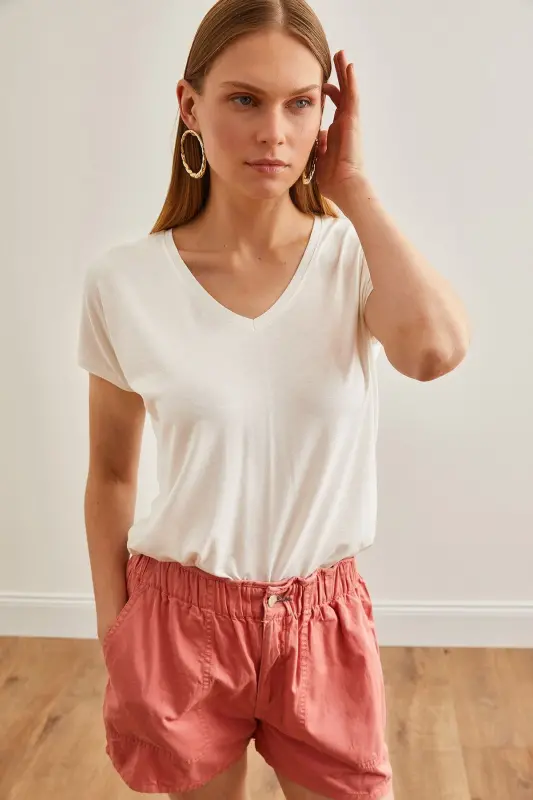 Women's Ecru V Neck Batwing Knitted Viscose T-Shirt TSH-19 - 3