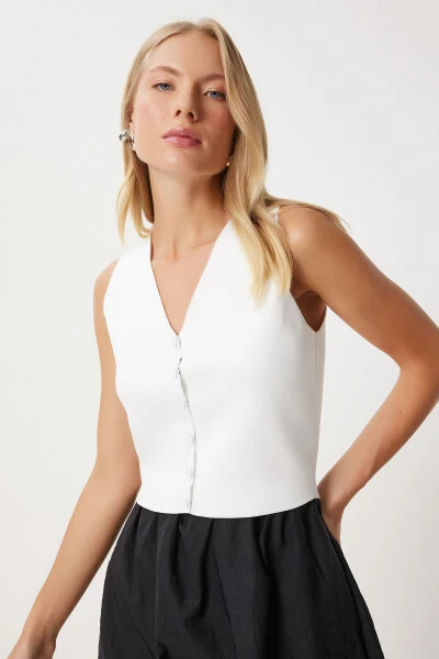 Women's Ecru V-Neck Knitted Vest PF00087 - 3