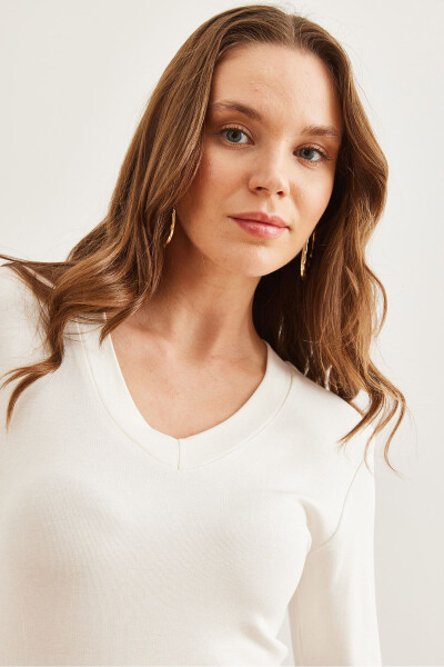 Women's Ecru V-Neck Loose Soft Touch Blouse BLZ-19002757 - 6