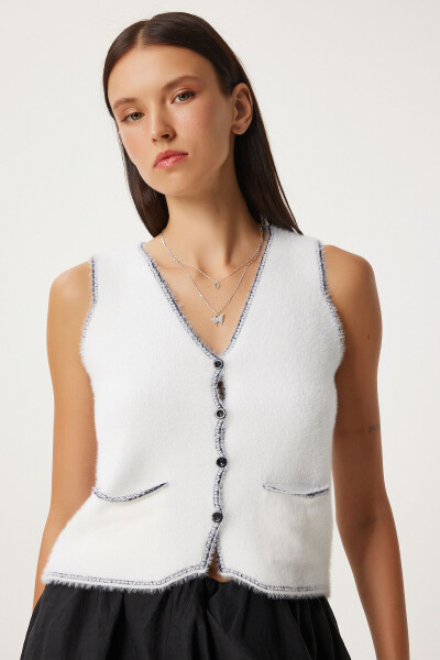 Women's Ecru V-Neck Shaggy Knit Vest YY00219 - 1