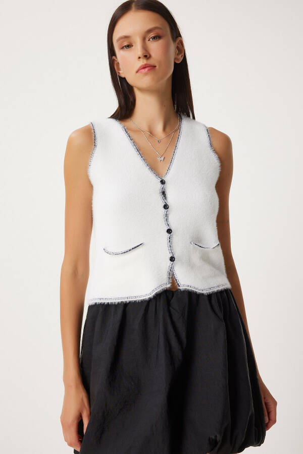 Women's Ecru V-Neck Shaggy Knit Vest YY00219 - 3