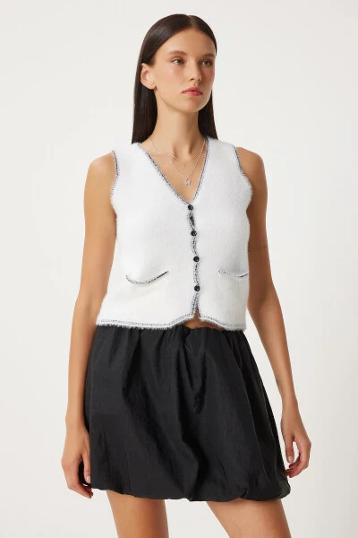 Women's Ecru V-Neck Shaggy Knit Vest YY00219 - 4