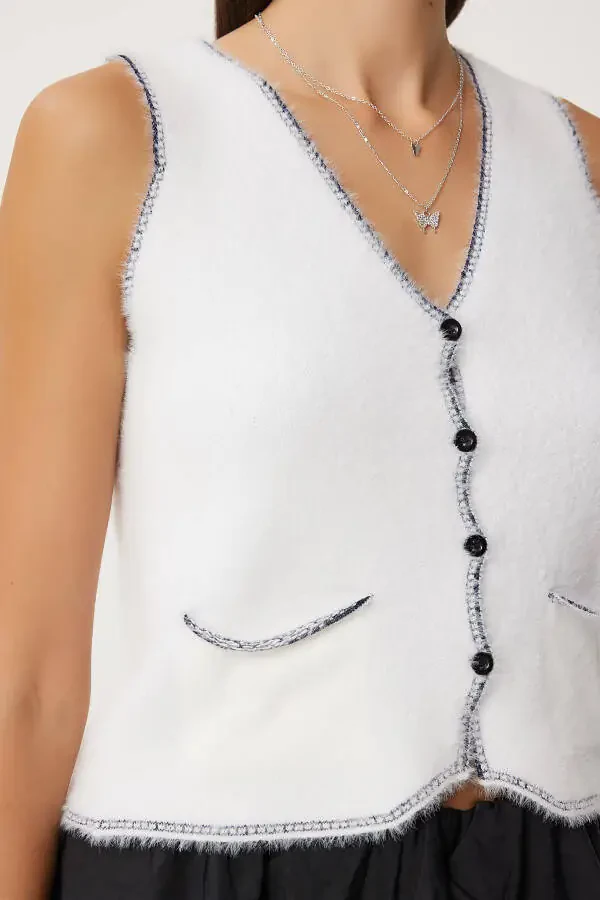 Women's Ecru V-Neck Shaggy Knit Vest YY00219 - 5