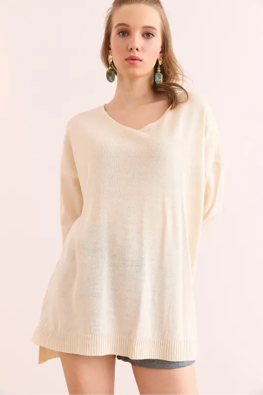 Women's Ecru V Neck Short Sleeve Flowy Blouse BLZ-1900 - 8