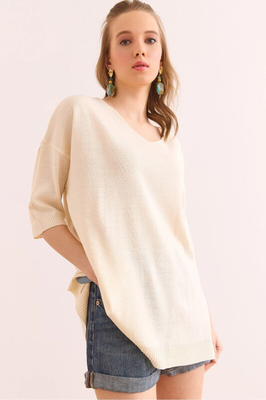 Women's Ecru V Neck Short Sleeve Flowy Blouse BLZ-1900 - OLALOOK