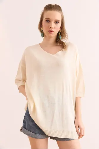 Women's Ecru V Neck Short Sleeve Flowy Blouse BLZ-1900 - 7