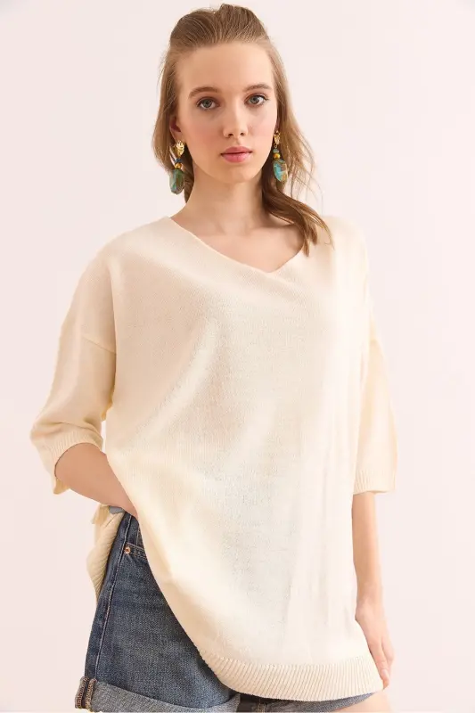 Women's Ecru V Neck Short Sleeve Flowy Blouse BLZ-1900 - 9