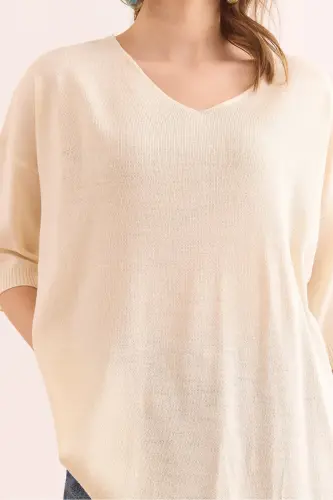 Women's Ecru V Neck Short Sleeve Flowy Blouse BLZ-1900 - 6