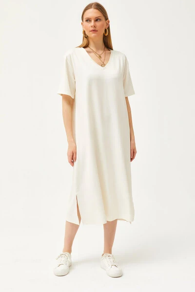 Women's Ecru V-Neck Side Slit Soft Fabric Dress ELB-19002063 - OLALOOK