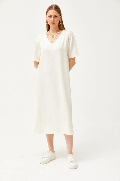 Women's Ecru V-Neck Side Slit Soft Fabric Dress ELB-19002063 - OLALOOK (1)