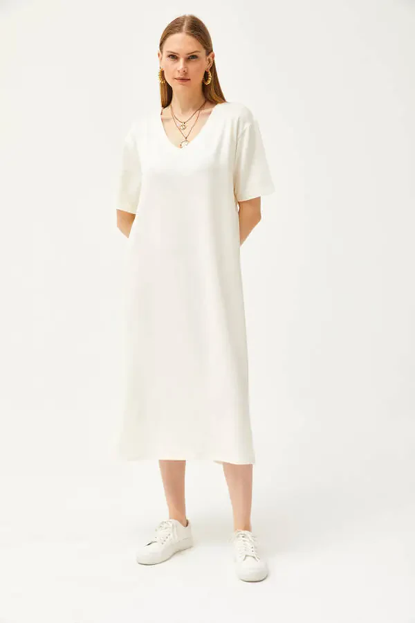 Women's Ecru V-Neck Side Slit Soft Fabric Dress ELB-19002063 - 2