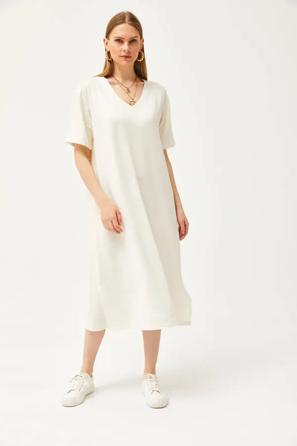 Women's Ecru V-Neck Side Slit Soft Fabric Dress ELB-19002063 - 3