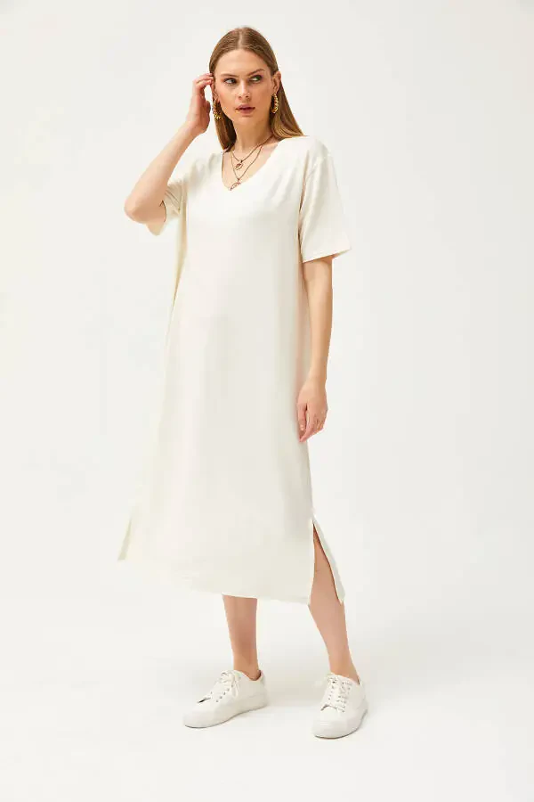 Women's Ecru V-Neck Side Slit Soft Fabric Dress ELB-19002063 - 4
